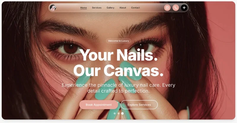 Luxury nail salon website with the headline Your Nails. Our Canvas. and a Book Appointment button