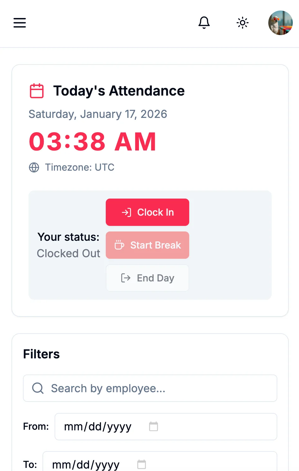 WeWebsolutionsHR attendance and clock-in interface